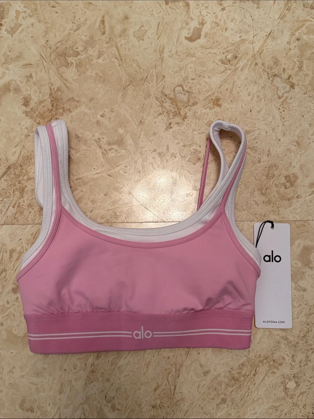 NWT | ALO Airbrush Better Together Bra | XS | Candy Heart Pink & White